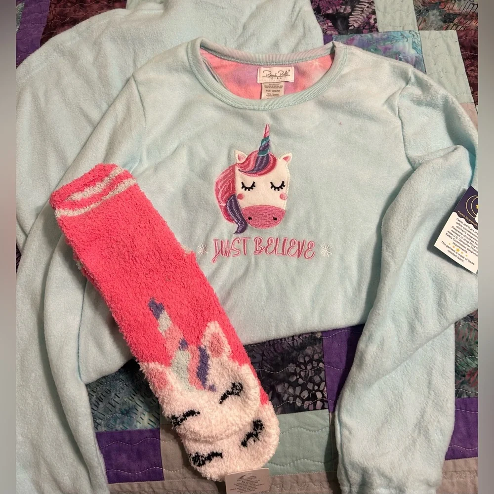 Blue‎ Unicorn 🦄 Nightgown Matching Slipper Socks - Rene Rofe - Size L 10/12 NWT